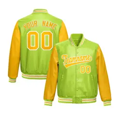 Neon Green Yellow Raglan Full-Snap Varsity Faux Leather Letterman Jacket 1