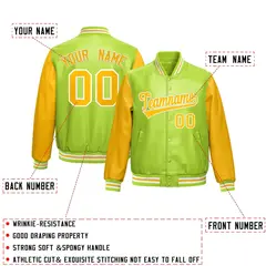 Neon Green Yellow Raglan Full-Snap Varsity Faux Leather Letterman Jacket 2
