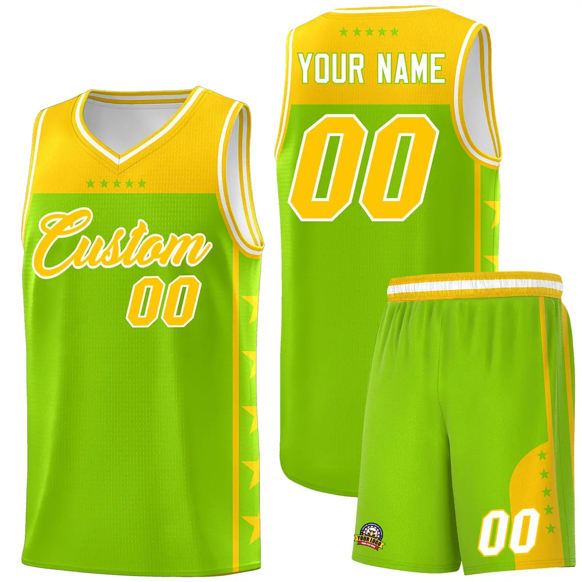 Neon Green Yellow Star Pattern Basketball Jersey