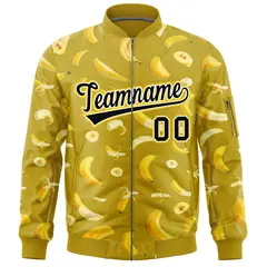 Old Gold Banana Pattern Varsity Letterman Bomber Jacket 3