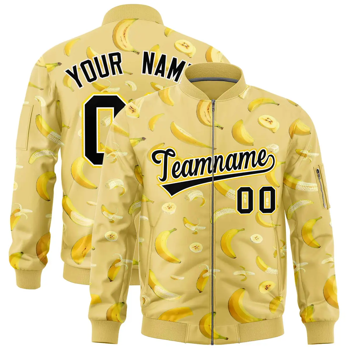 Old Gold Banana Pattern Varsity Letterman Bomber Jacket