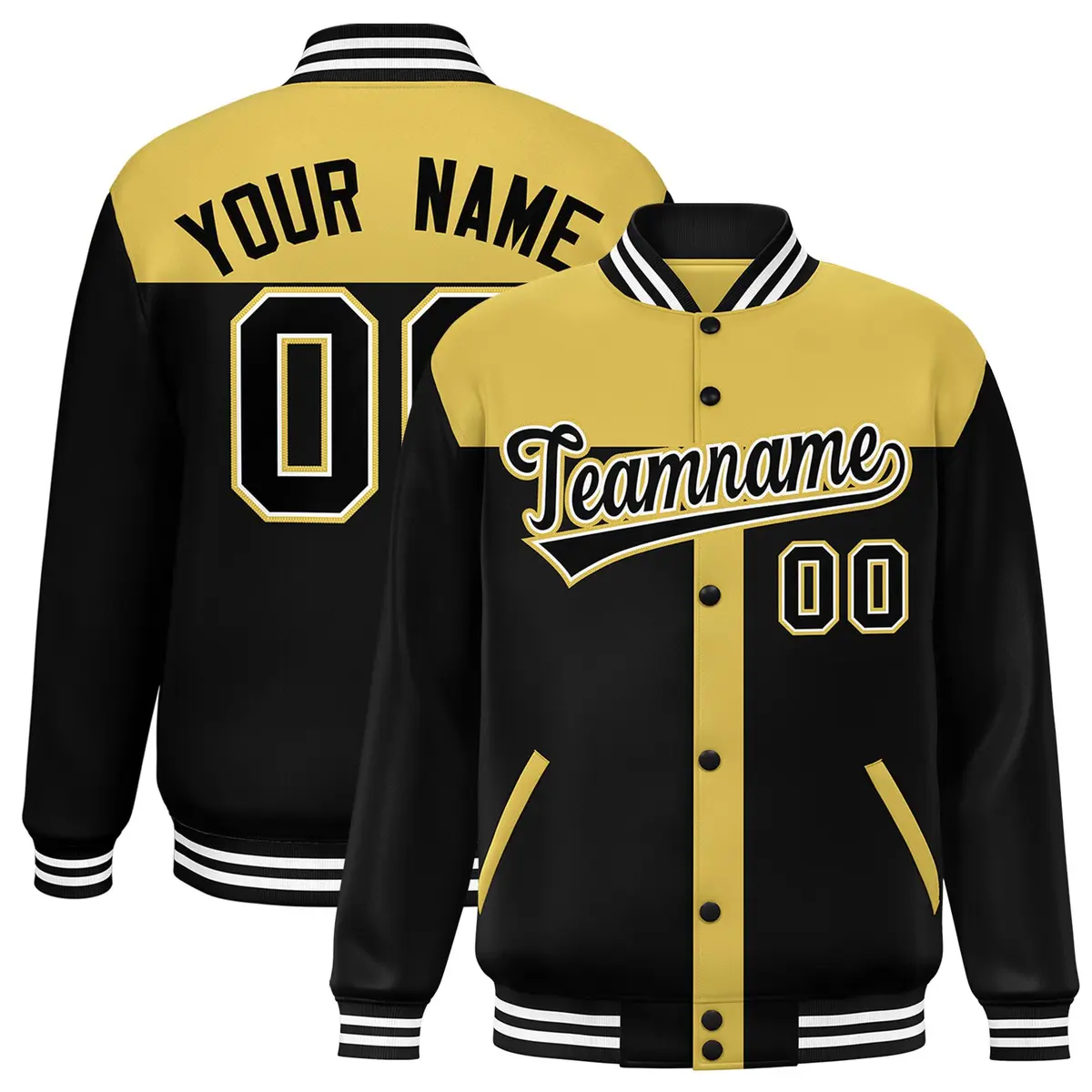 Old Gold Black Color Block Varsity Bomber Baseball Jacket