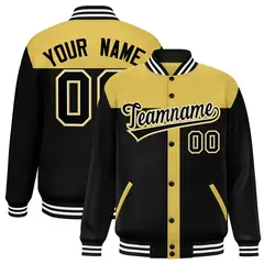 Old Gold Black Color Block Varsity Bomber Baseball Jacket 1