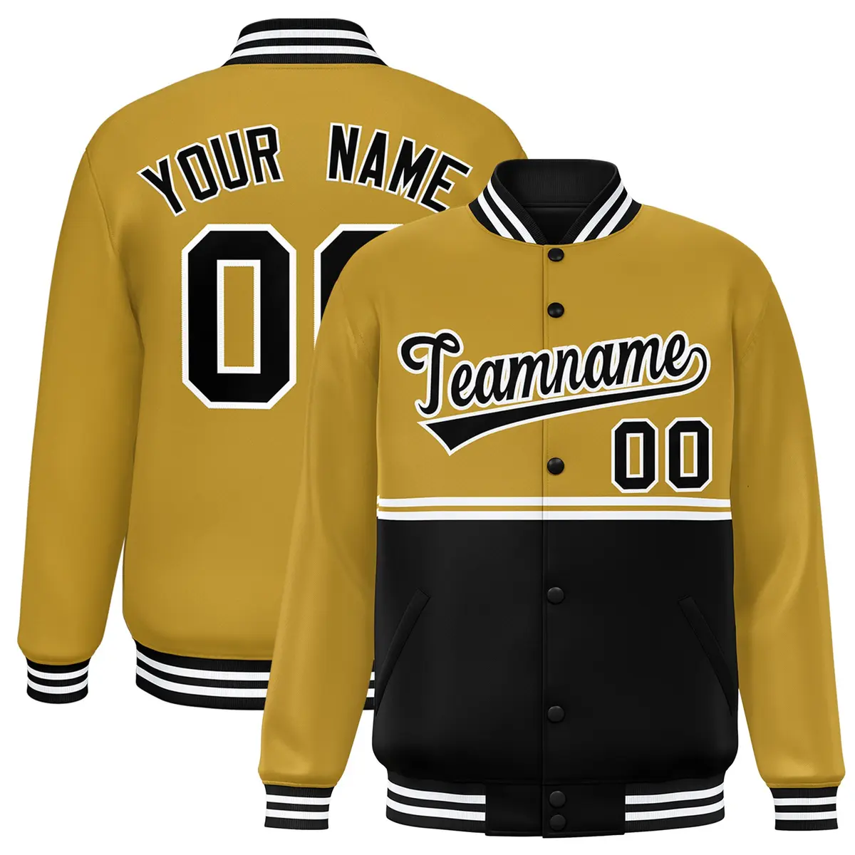 Old Gold Black Color Block Varsity Full-Snap Letterman Jacket