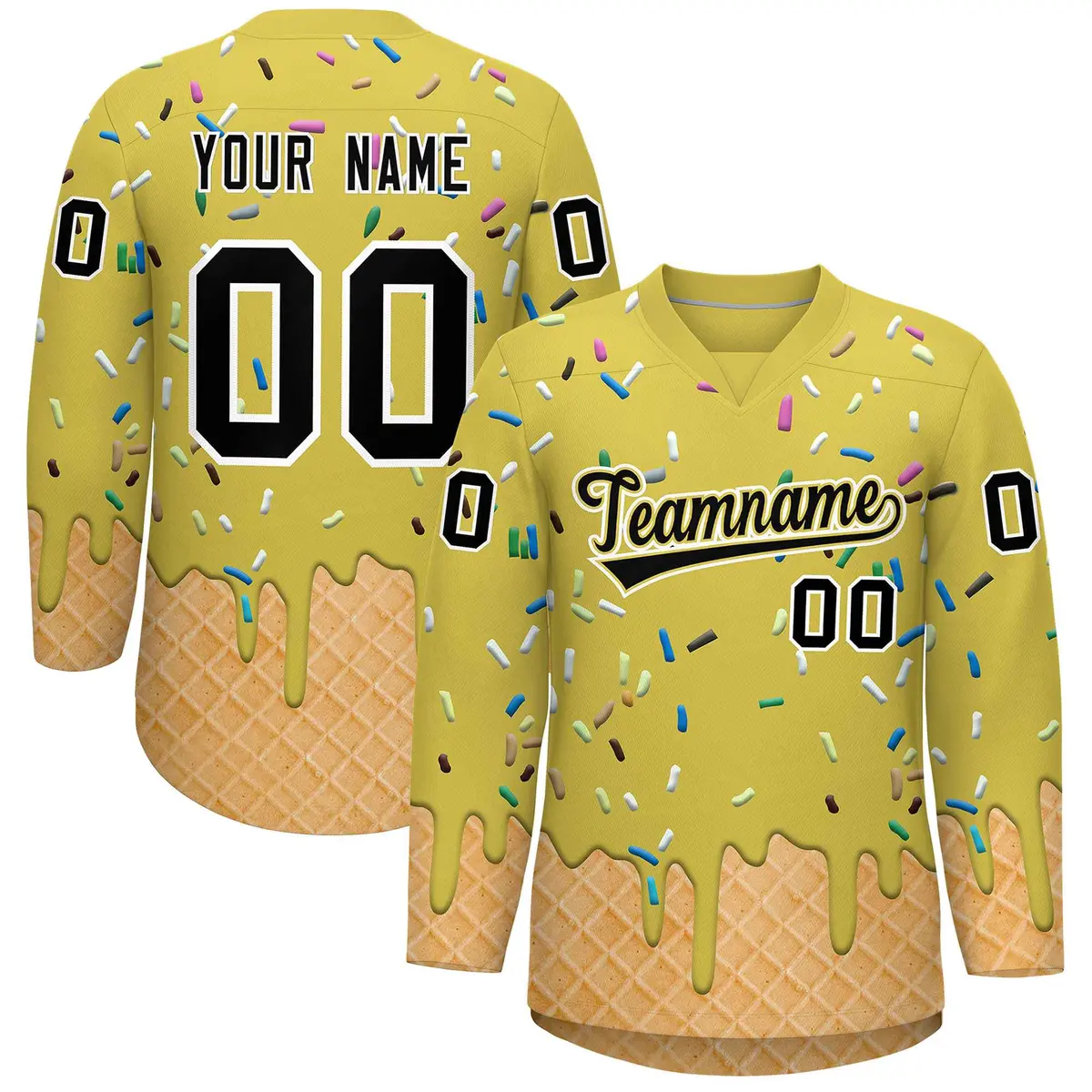 Old Gold Black Ice Cream Pattern V-Neck Hockey Jersey
