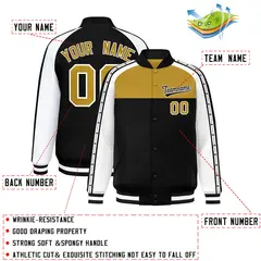Old Gold Black K-Ribbon Raglan Full-Snap Color Block Letterman Jacket 2