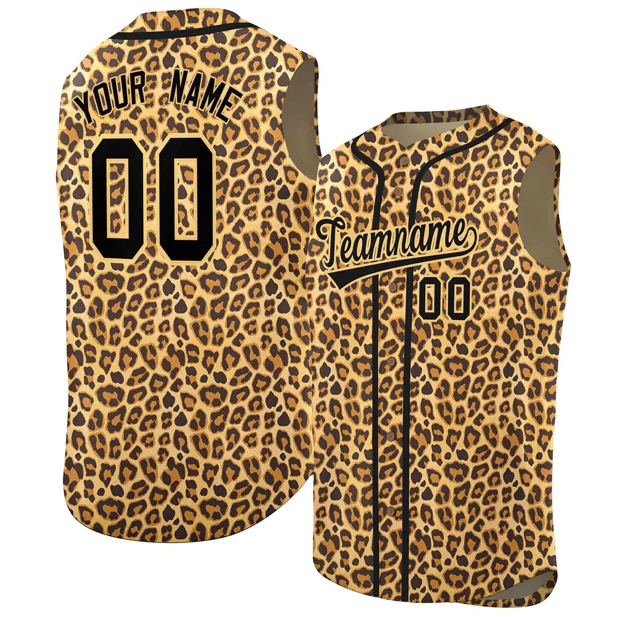 Old Gold Black Leopard Graffiti Sleeveless Baseball Jersey