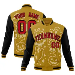 Old Gold Black Red Halloween Bats Pumpkins Ghost Letterman Jacket 1
