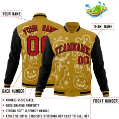 Old Gold Black Red Halloween Bats Pumpkins Ghost Letterman Jacket 2