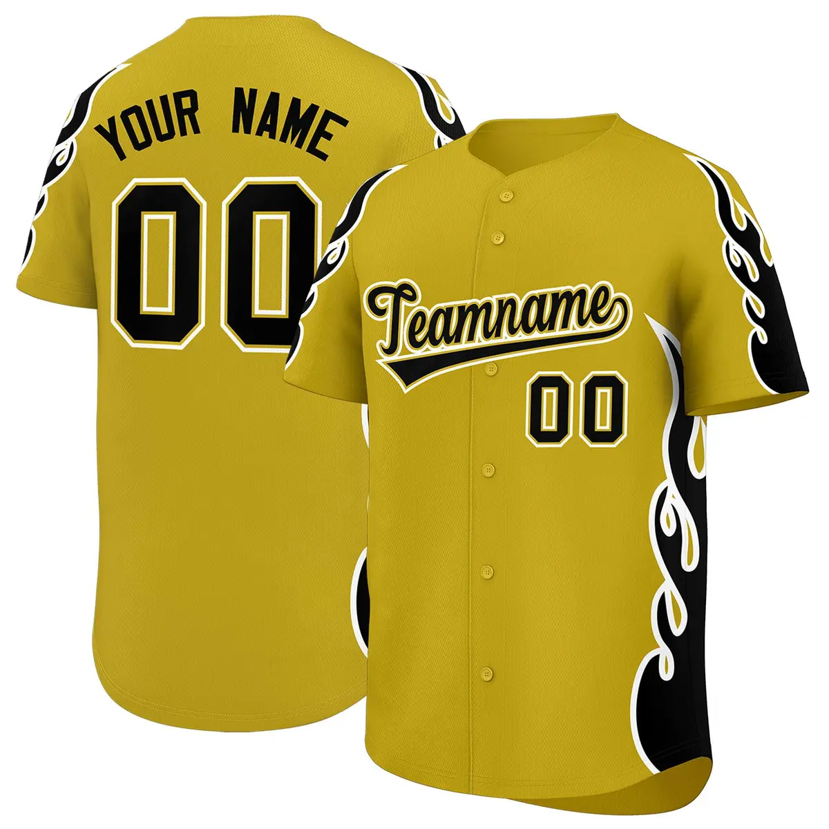 Old Gold Black Side Flame Outline Baseball Jersey