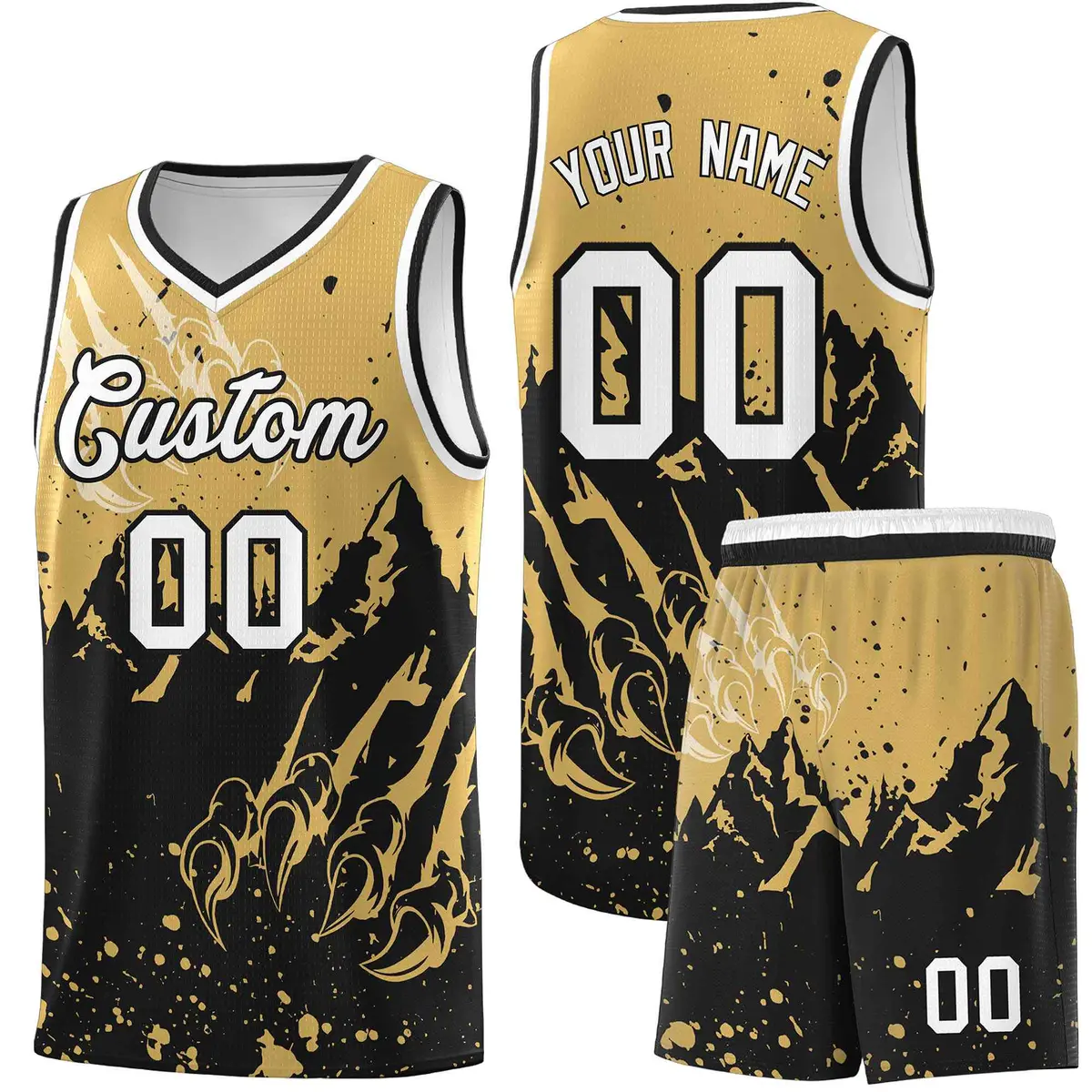 Old Gold Black Snow Mountain Beast Pattern Basketball Jersey