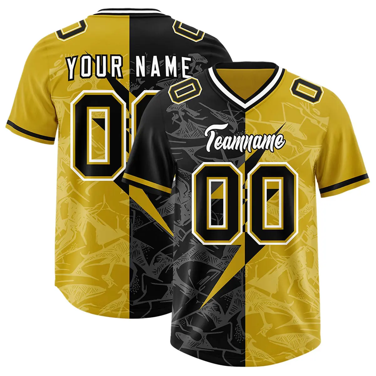 Old Gold Black Split Lightning Pattern Football Jersey