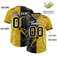 Old Gold Black Split Lightning Pattern Football Jersey 2