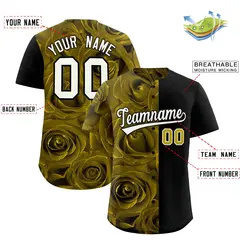 Old Gold Black Split Rose Print Baseball Jersey 2