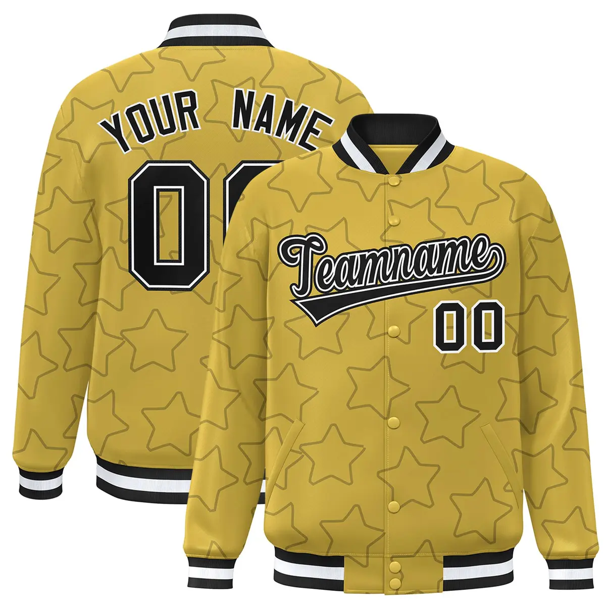 Old Gold Black Star Pattern Varsity Full-Snap Letterman Baseball Jacket