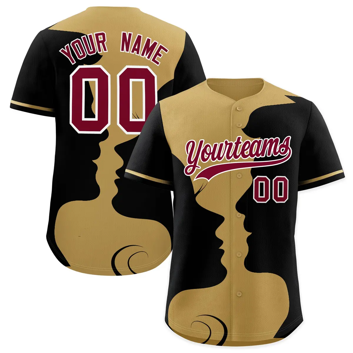 Old Gold Black Valentine's Day Couple Silhouettes Baseball Jersey