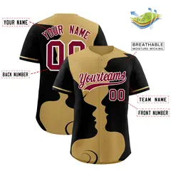 Old Gold Black Valentine's Day Couple Silhouettes Baseball Jersey 3