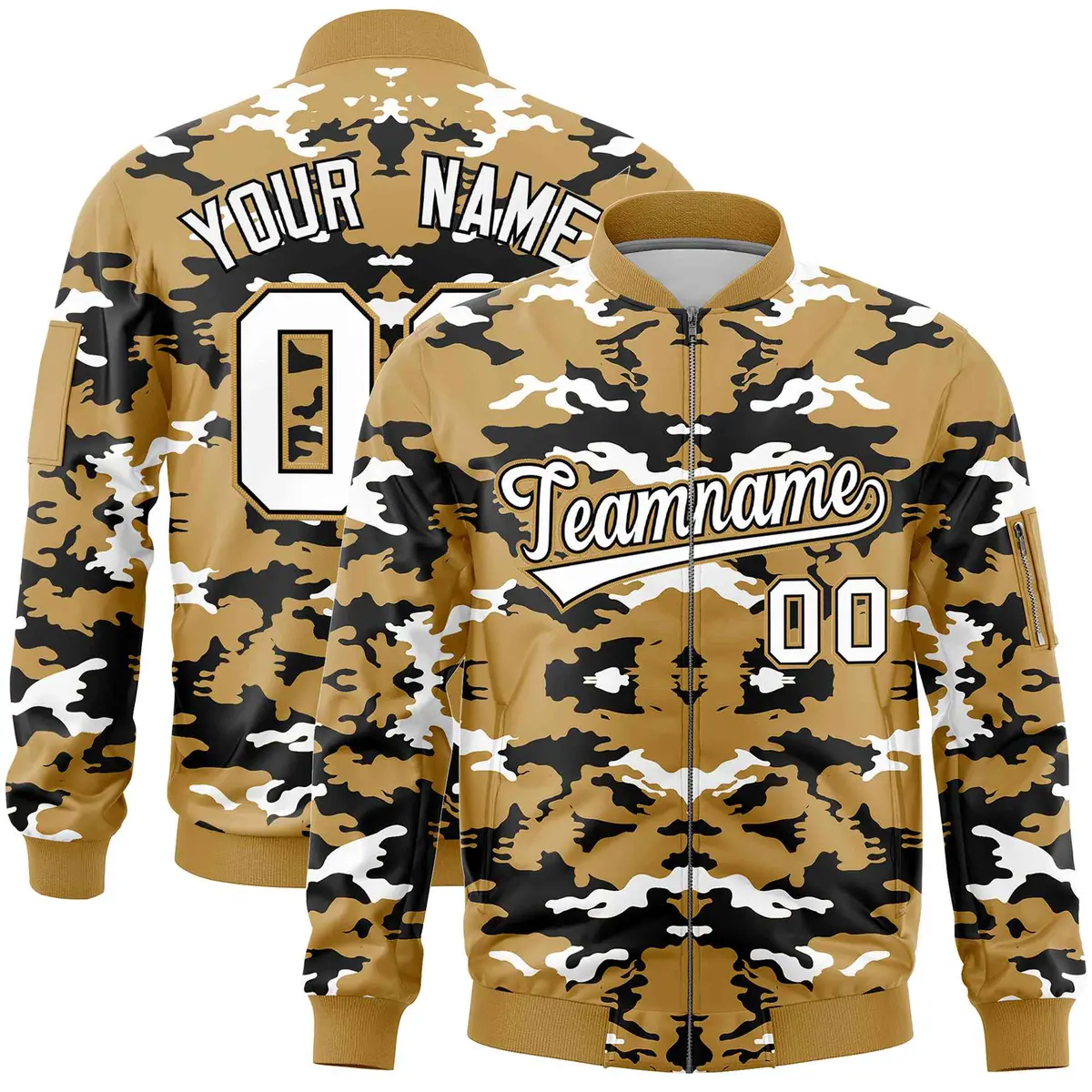 Old Gold Black-White Camo Full-Zip Letterman Bomber Jacket