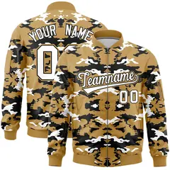 Old Gold Black-White Camo Full-Zip Letterman Bomber Jacket