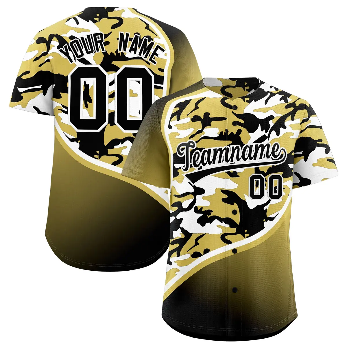 Old Gold Black White Camo Gradient Fashion Baseball Jersey