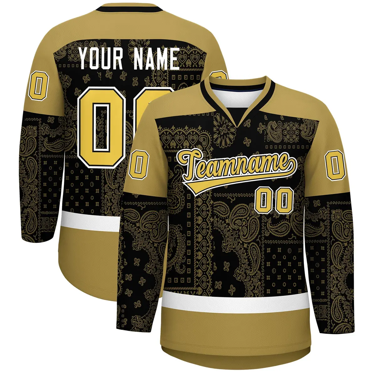 Old Gold Black White Cashew Flower Graffiti V-Neck Hockey Jersey