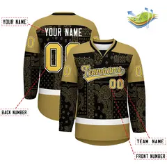 Old Gold Black White Cashew Flower Graffiti V-Neck Hockey Jersey 2