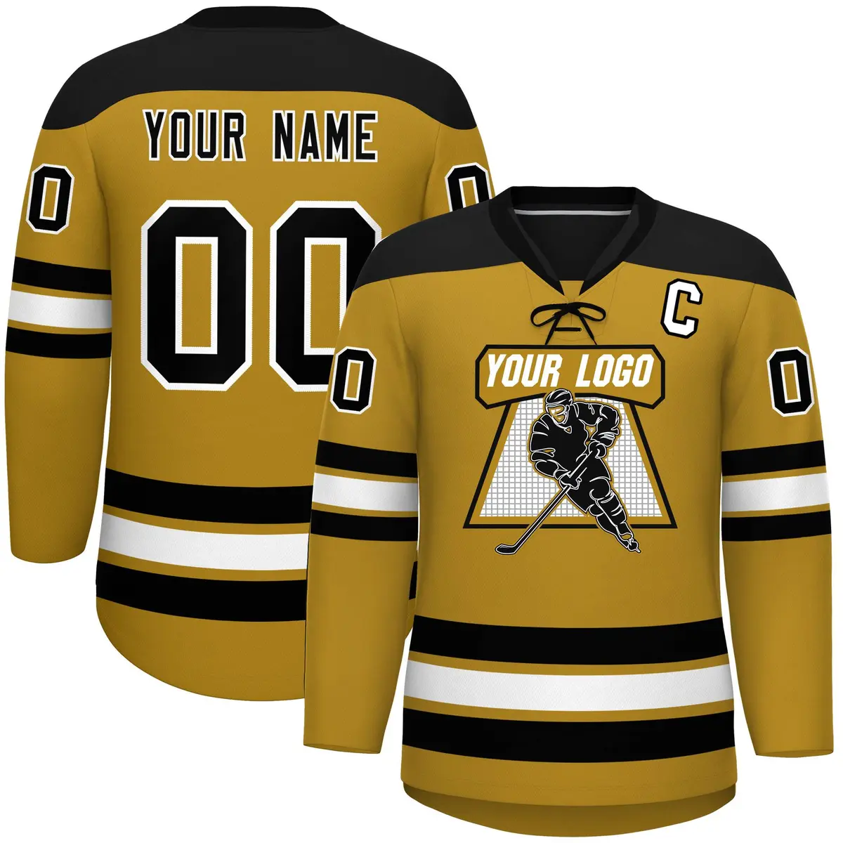 Old Gold Black White Classic Lace-Up Neck Hockey Jersey