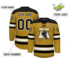 Old Gold Black White Classic Lace-Up Neck Hockey Jersey 2