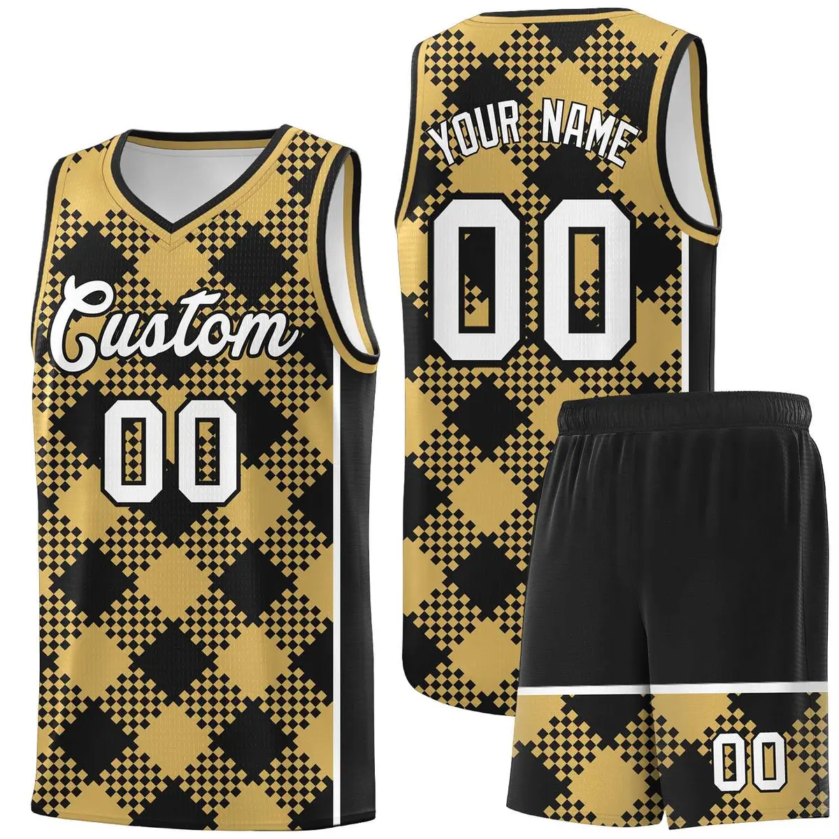 Old Gold Black-White Grid Basketball Kits For Team