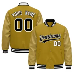 Old Gold Black White Varsity Jacket with Faux Leather Sleeves 1