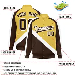 Old Gold Brown Raglan Varsity Full-Snap Letterman Baseball Jacket 2