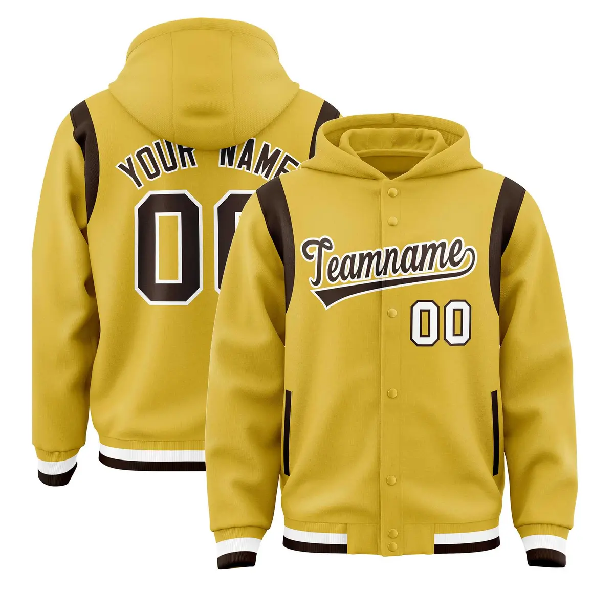 Old Gold Brown Varsity Letterman Color Block Hoodie Jacket