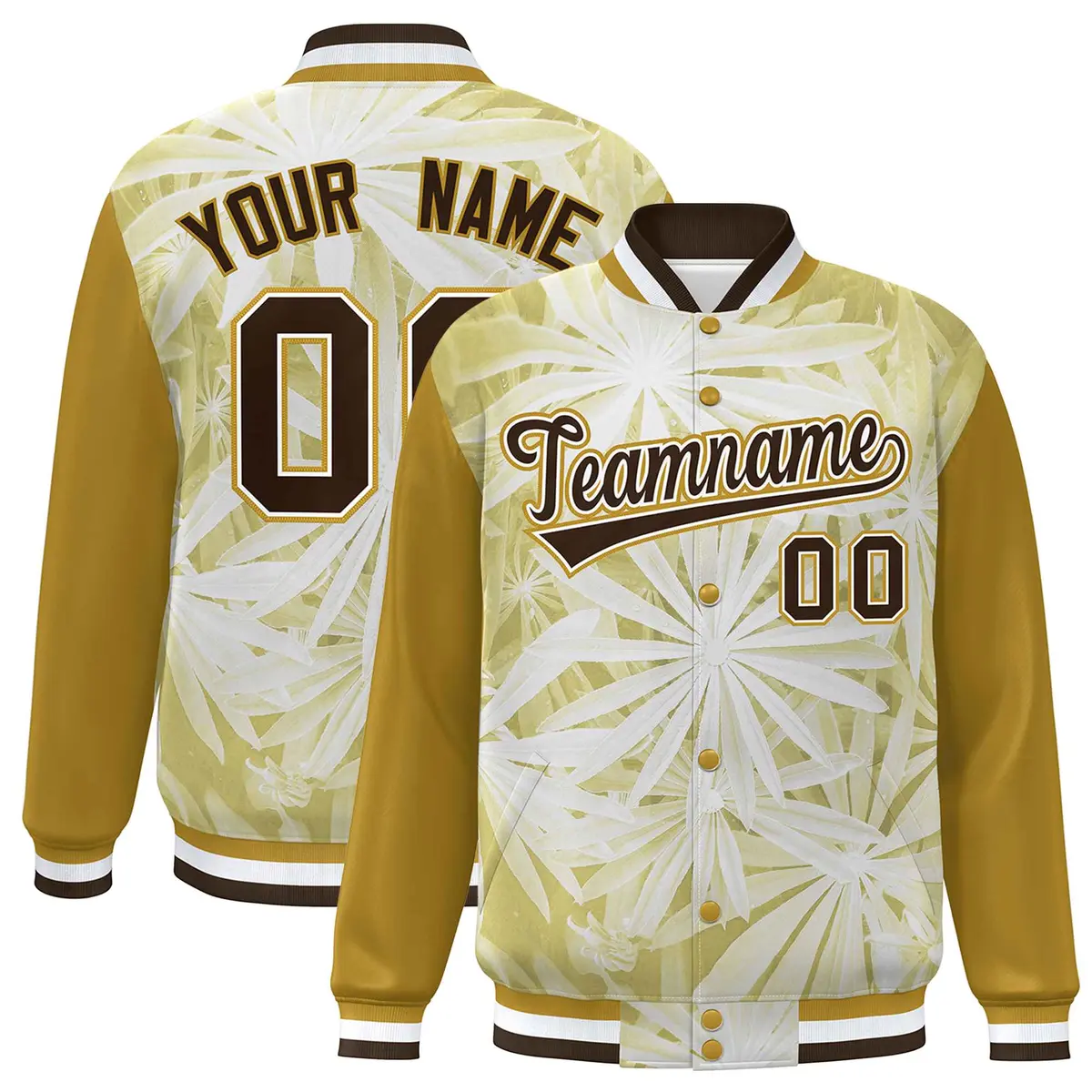 Old Gold Brown-White Maple Leaf Graffiti Raglan Bomber Varsity Jacket