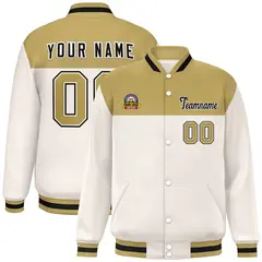 Old Gold Cream-Black Color Block Full-Snap Varsity Letterman Jacket