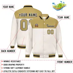 Old Gold Cream-Black Color Block Full-Snap Varsity Letterman Jacket 2