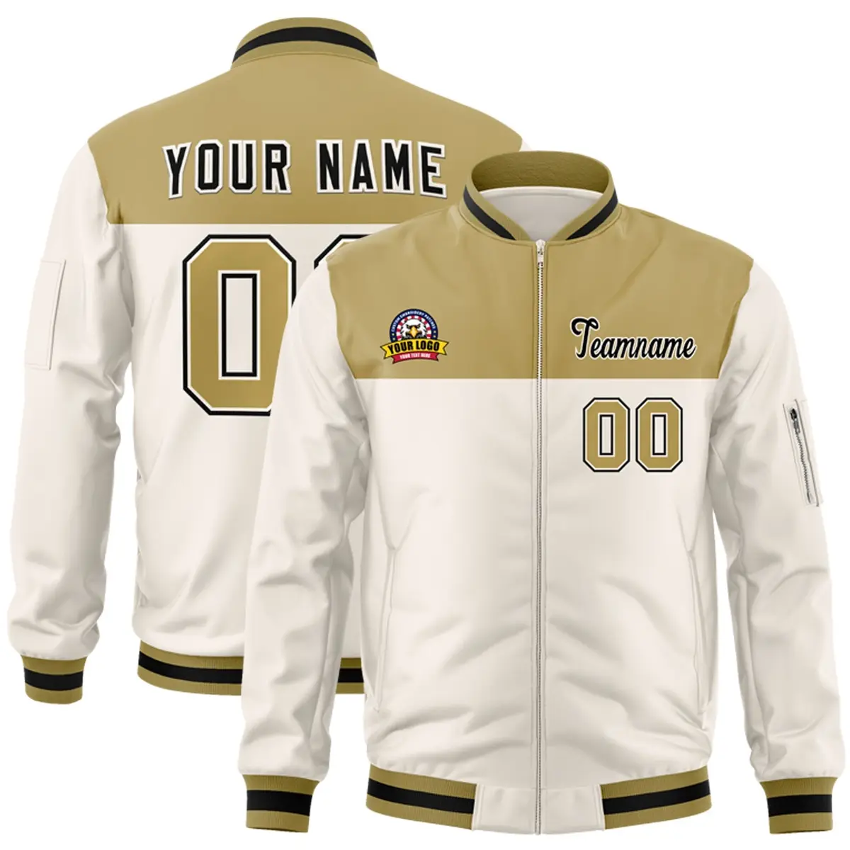 Old Gold Cream Color Block Full-Zip Varsity Letterman Jacket