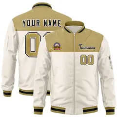 Old Gold Cream Color Block Full-Zip Varsity Letterman Jacket
