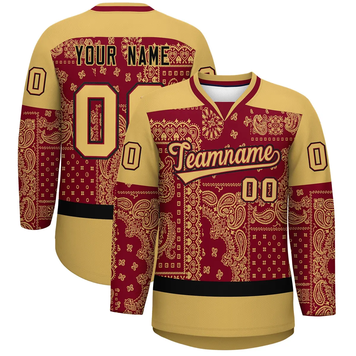Old Gold Crimson Black Cashew Flower Graffiti V-Neck Hockey Jersey