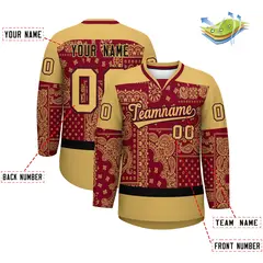 Old Gold Crimson Black Cashew Flower Graffiti V-Neck Hockey Jersey 2