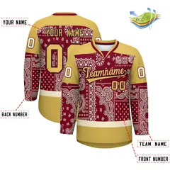 Old Gold Crimson Cream Cashew Flower Graffiti V-Neck Hockey Jersey 2