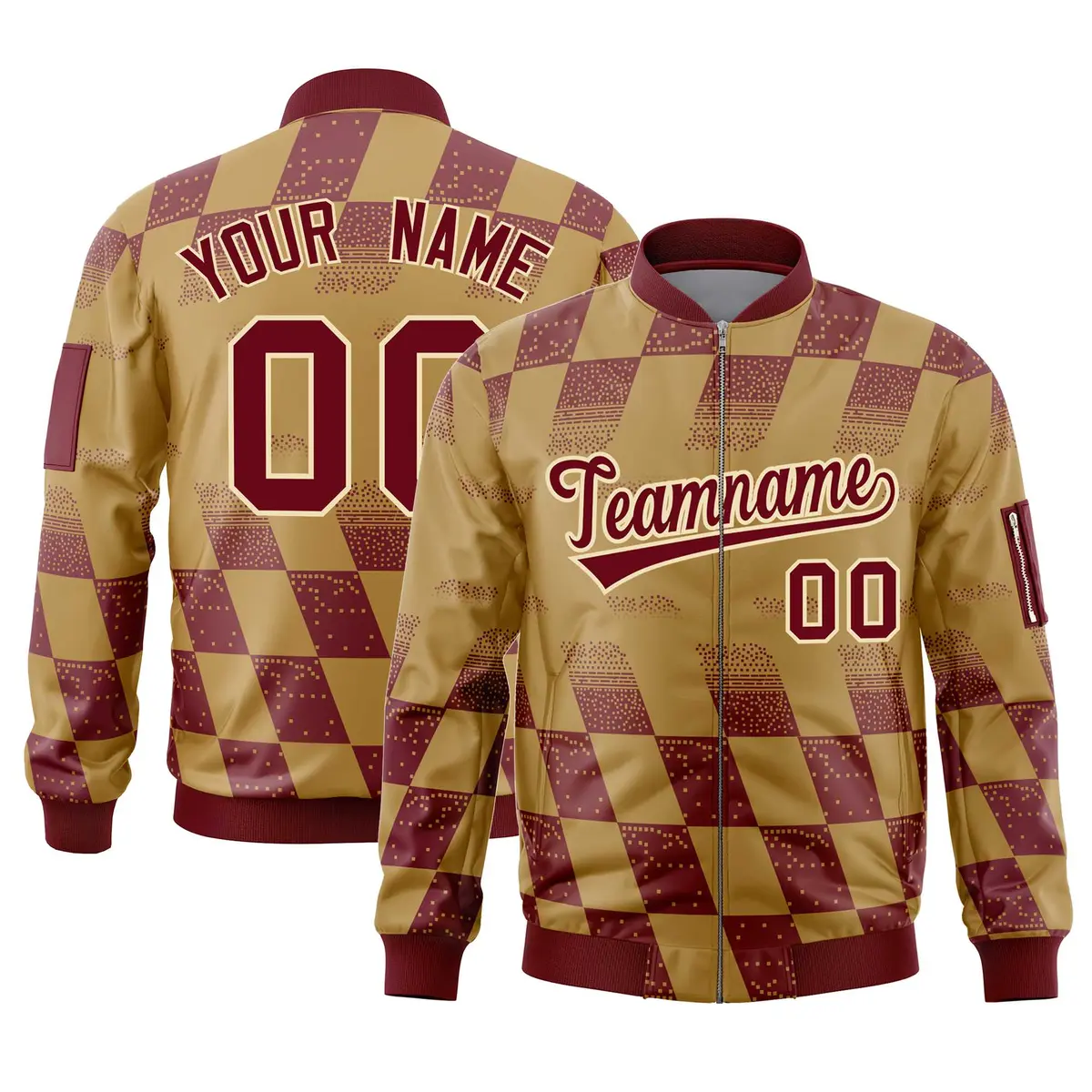 Old Gold Crimson Grid Color Block Letterman Varsity Bomber Jacket