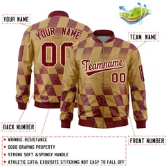 Old Gold Crimson Grid Color Block Letterman Varsity Bomber Jacket 2