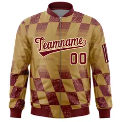 Old Gold Crimson Grid Color Block Letterman Varsity Bomber Jacket 3