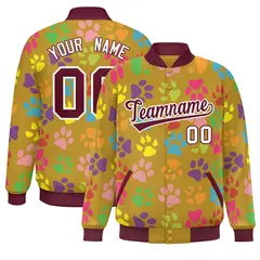 Old Gold Crimson-White Paw Prints Graffiti Varsity Letterman Baseball Jacket
