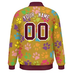 Old Gold Crimson-White Paw Prints Graffiti Varsity Letterman Baseball Jacket 5