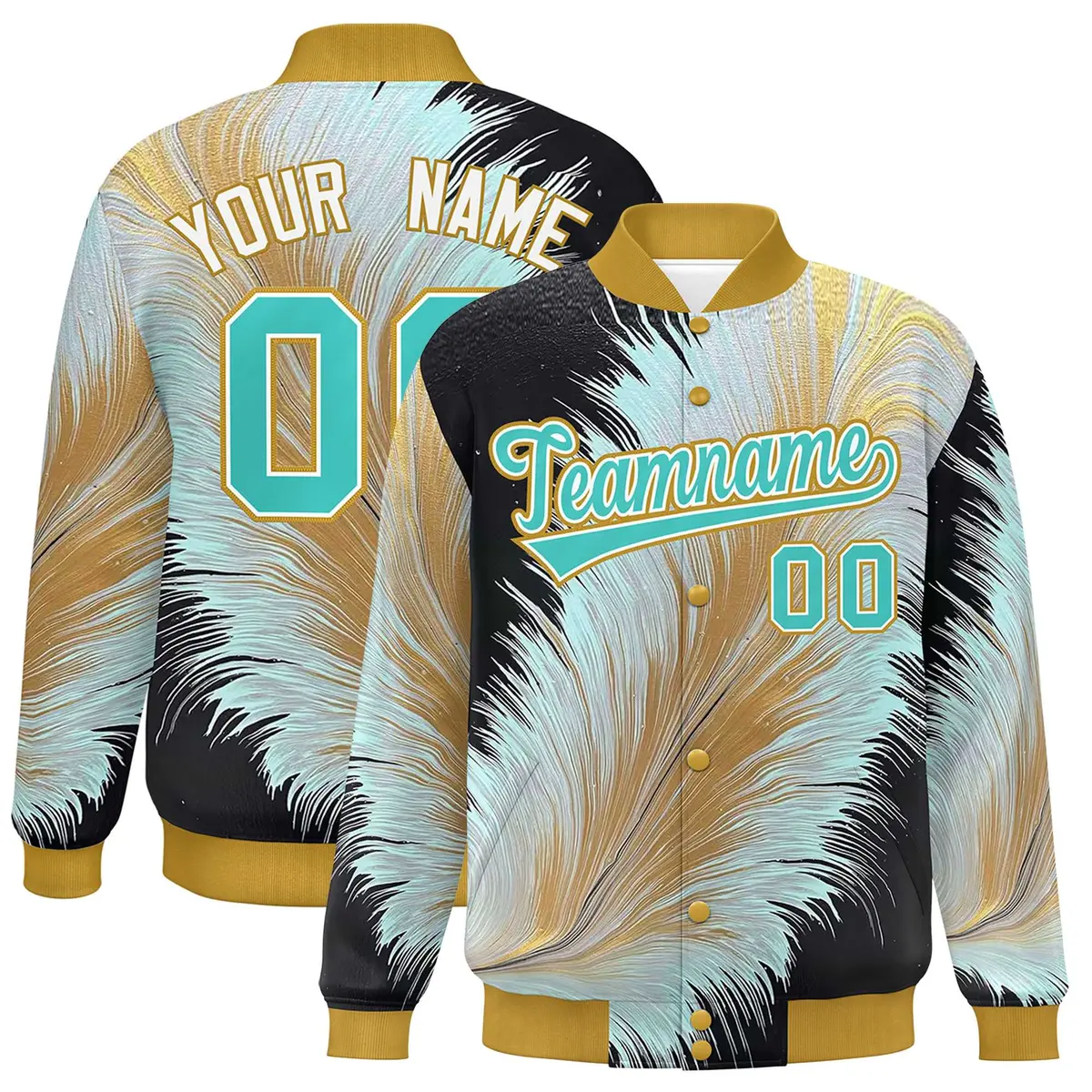 Old Gold Feather Fluid Pattern Full-Snap Varsity Letterman Jacket