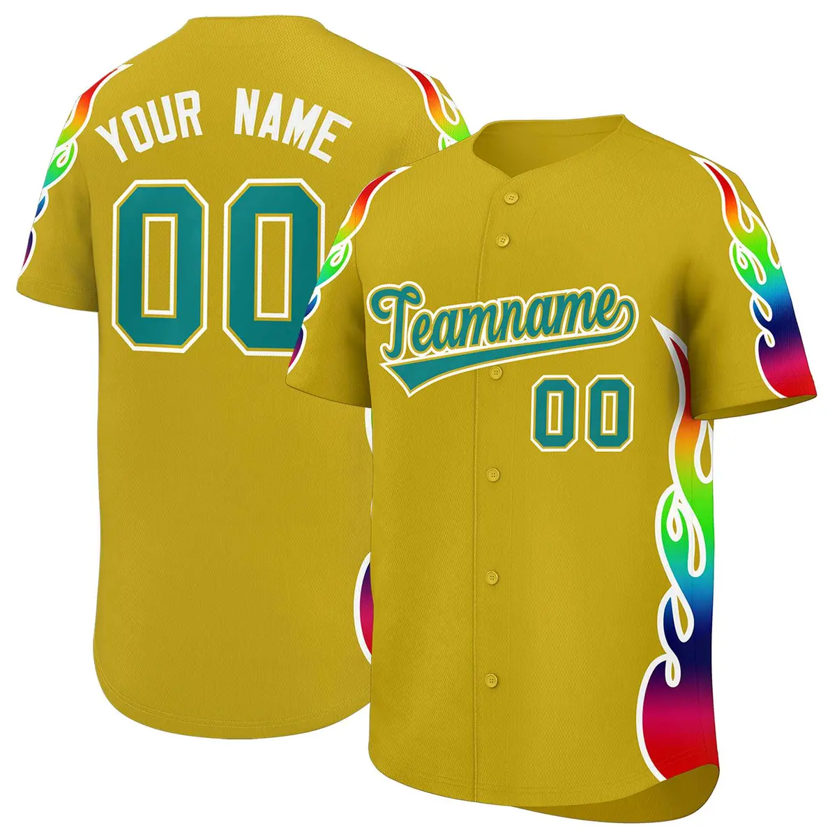 Old Gold Graffiti Multicolored Flames Print Baseball Jersey