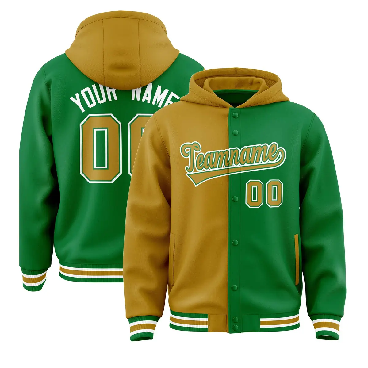 Old Gold Kelly Green Split Full-Snap Varsity Letterman Jacket Hoodie