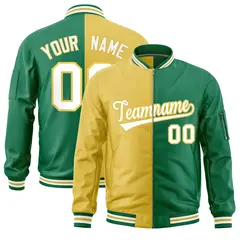 Old Gold Kelly Green Two Tone Split Varsity Letterman Bomber Jacket 1
