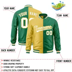 Old Gold Kelly Green Two Tone Split Varsity Letterman Bomber Jacket 2